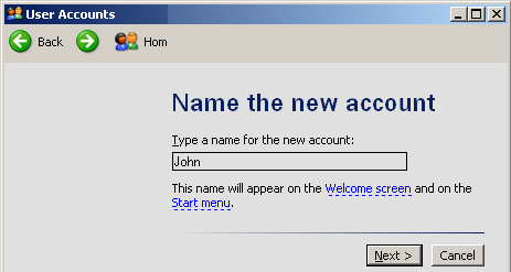 new user account panel